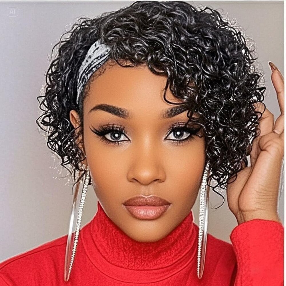 Human Hair Headband Wig Black Women 8 Inch Curly Pixie Glueless Natural